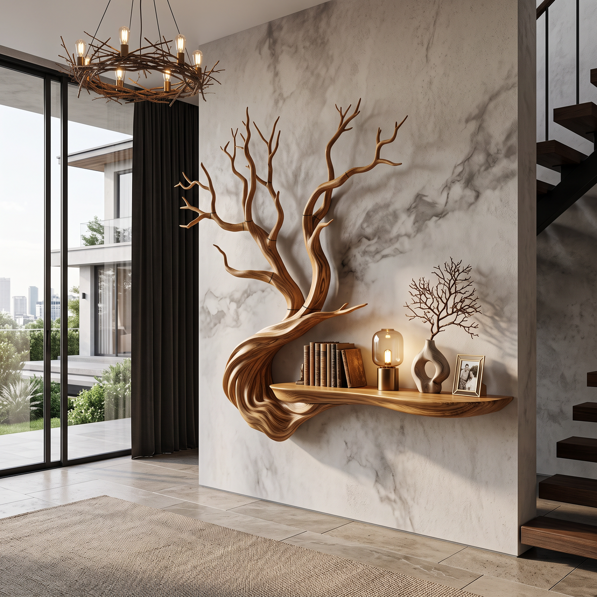 Rustic Tree Bookshelf With Wall Mounted Branch Shelves For Living Room