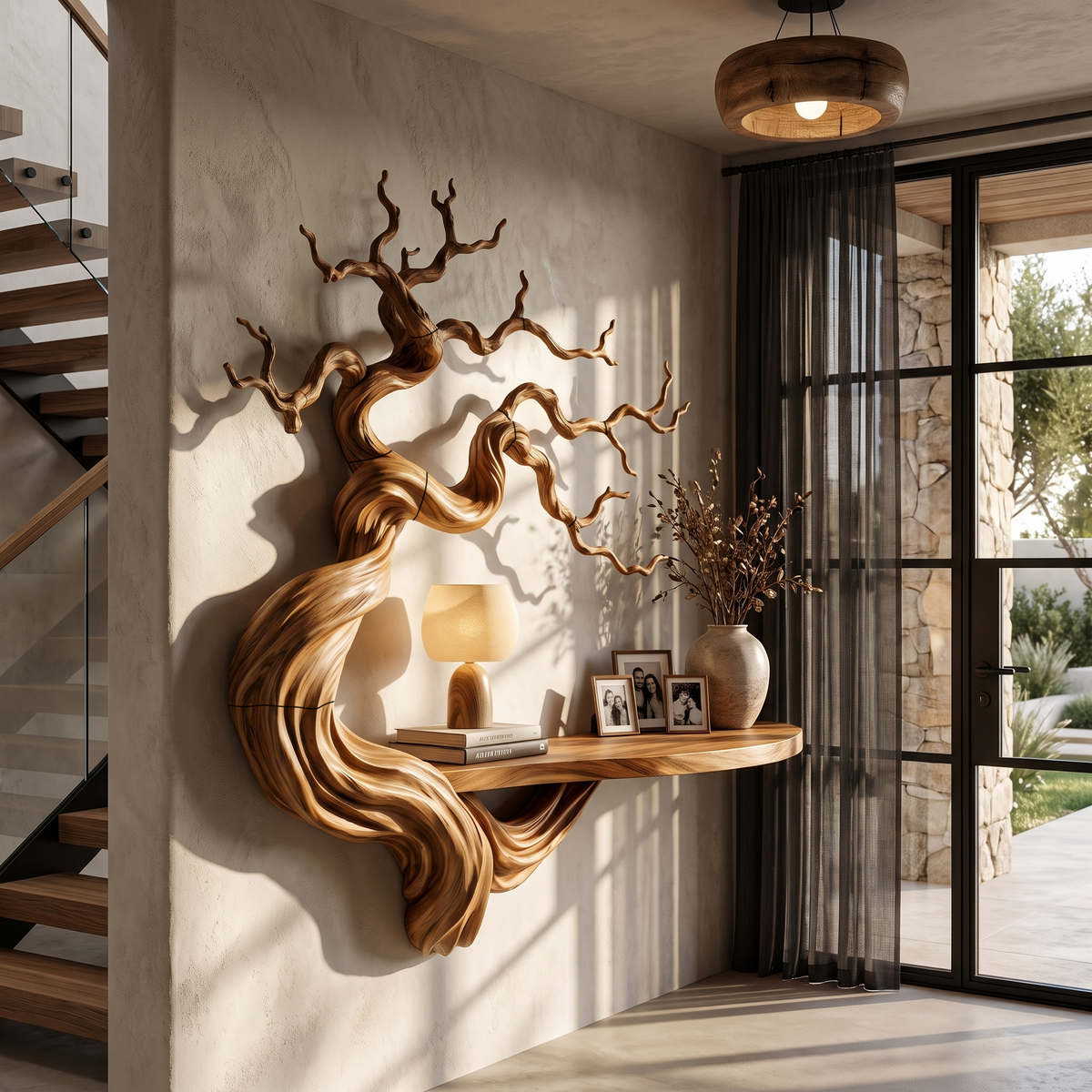 Rustic Wood Bookshelf With Sculptural Tree Branch Design For Reading Room