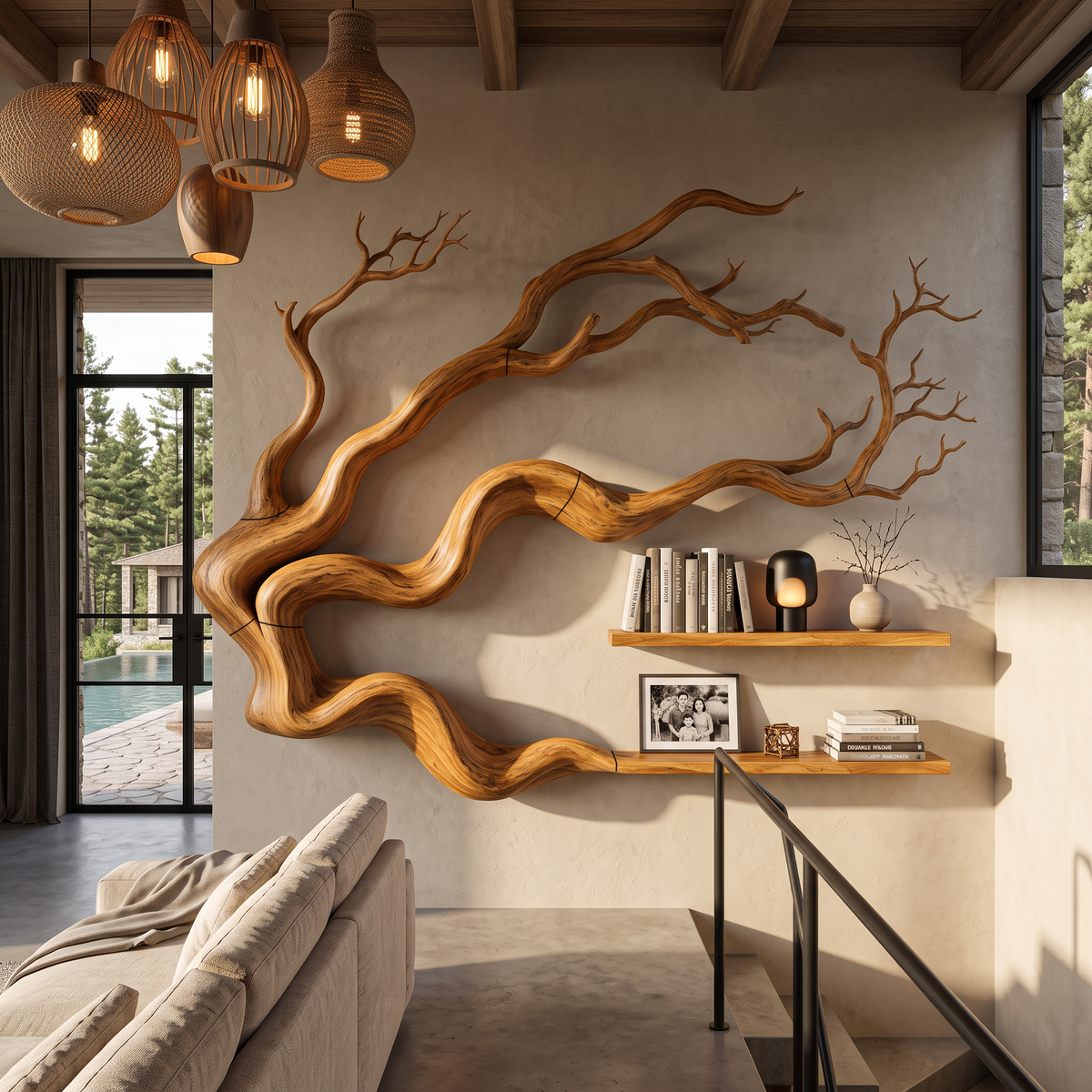 Modern Tree Bookshelf With Natural Branch Silhouette For Living Room