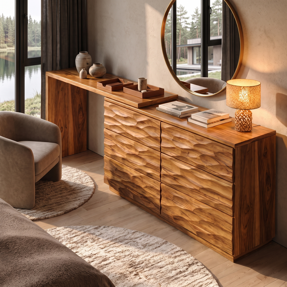Scandinavian Wooden Dresser With L Shaped Desk Extension For Bedroom