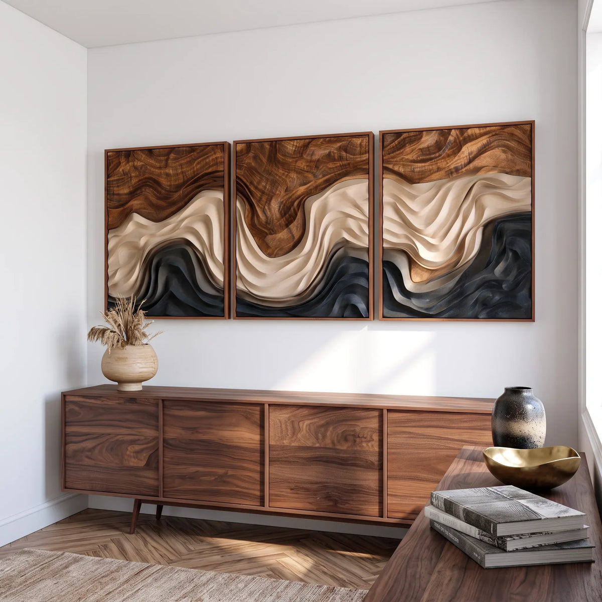 Rustic Layered Wave Triptych Wood Wall Art Spa