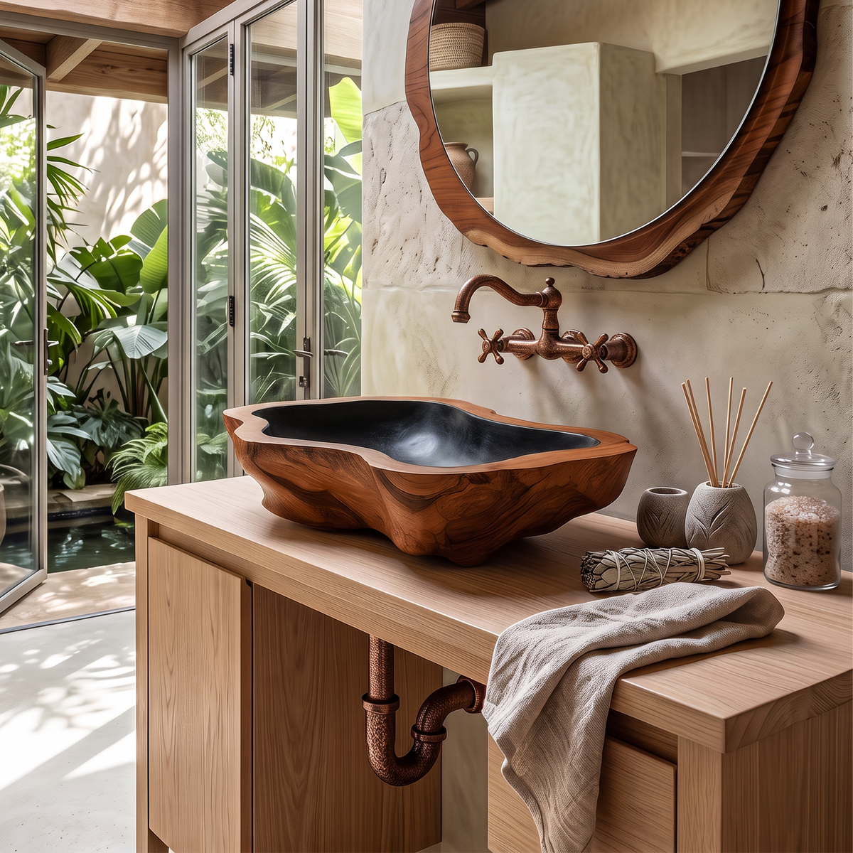 Handcrafted Mid Century Wood Wash Basin For Bathroom