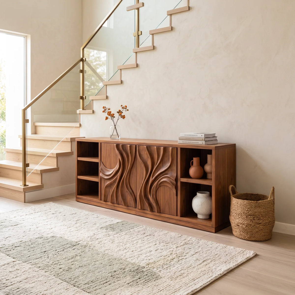 Mid Century Grooved Carved Sideboard Modern Entryway