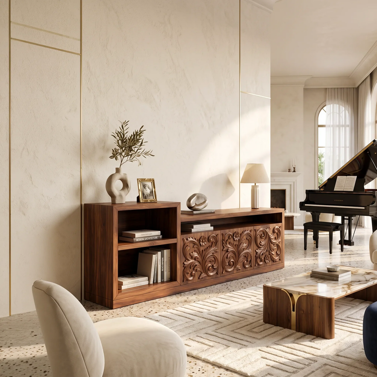 Organic Low Wave Carved Credenza Modern Living Room