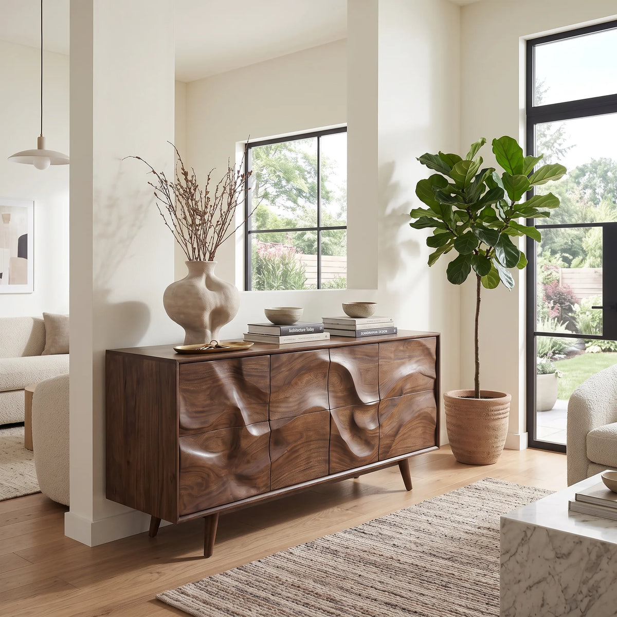 Mid Century Wave Carved Sideboard Living Room