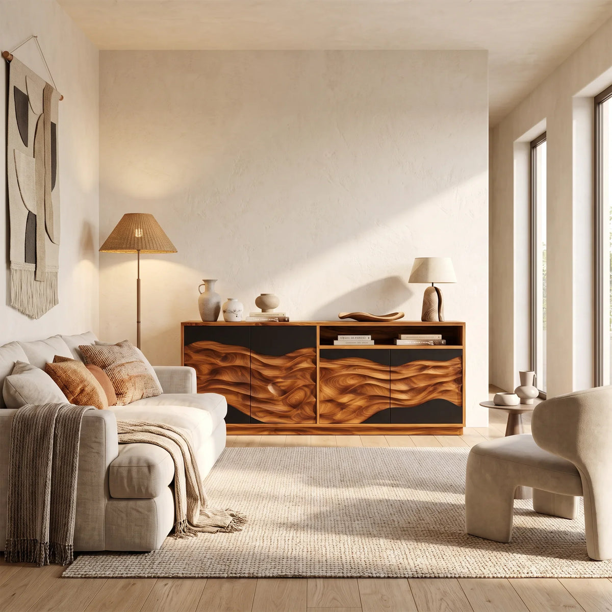 Modern Swirl Carved Sideboard Open Living Room