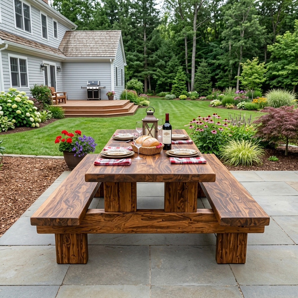 Minimalist Outdoor Picnic Table With Benches For Garden Or Cabin