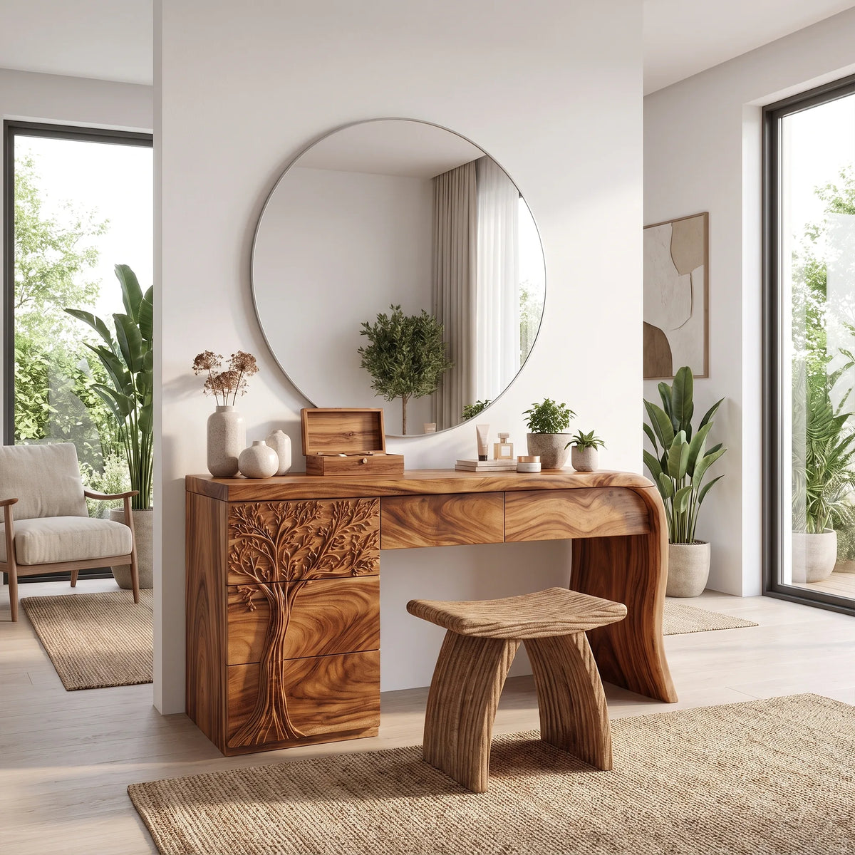 Peaceful Vanity Table Makeup Vanity Desk Tree Carved Drawers For Bedroom