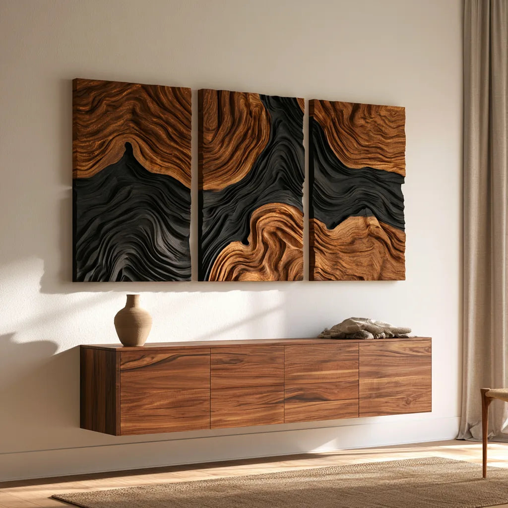 Mid Century Layered Landscape Wooden Wall Sculpture Hotel Suite