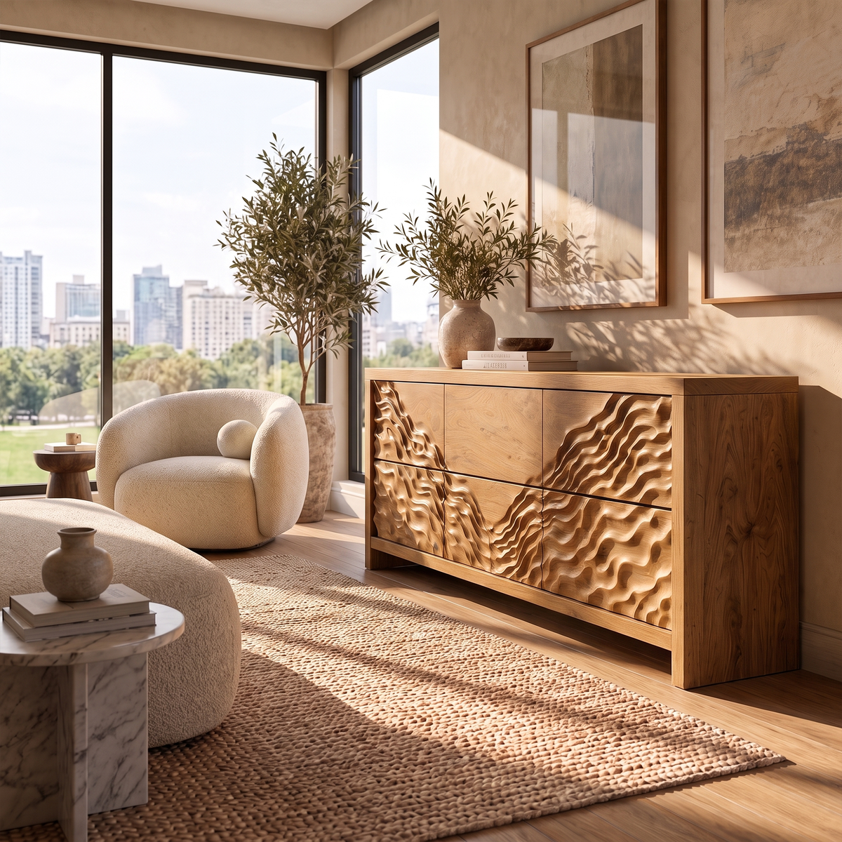 Modern Wide Wooden 6 Drawer Dresser For Bedroom Storage