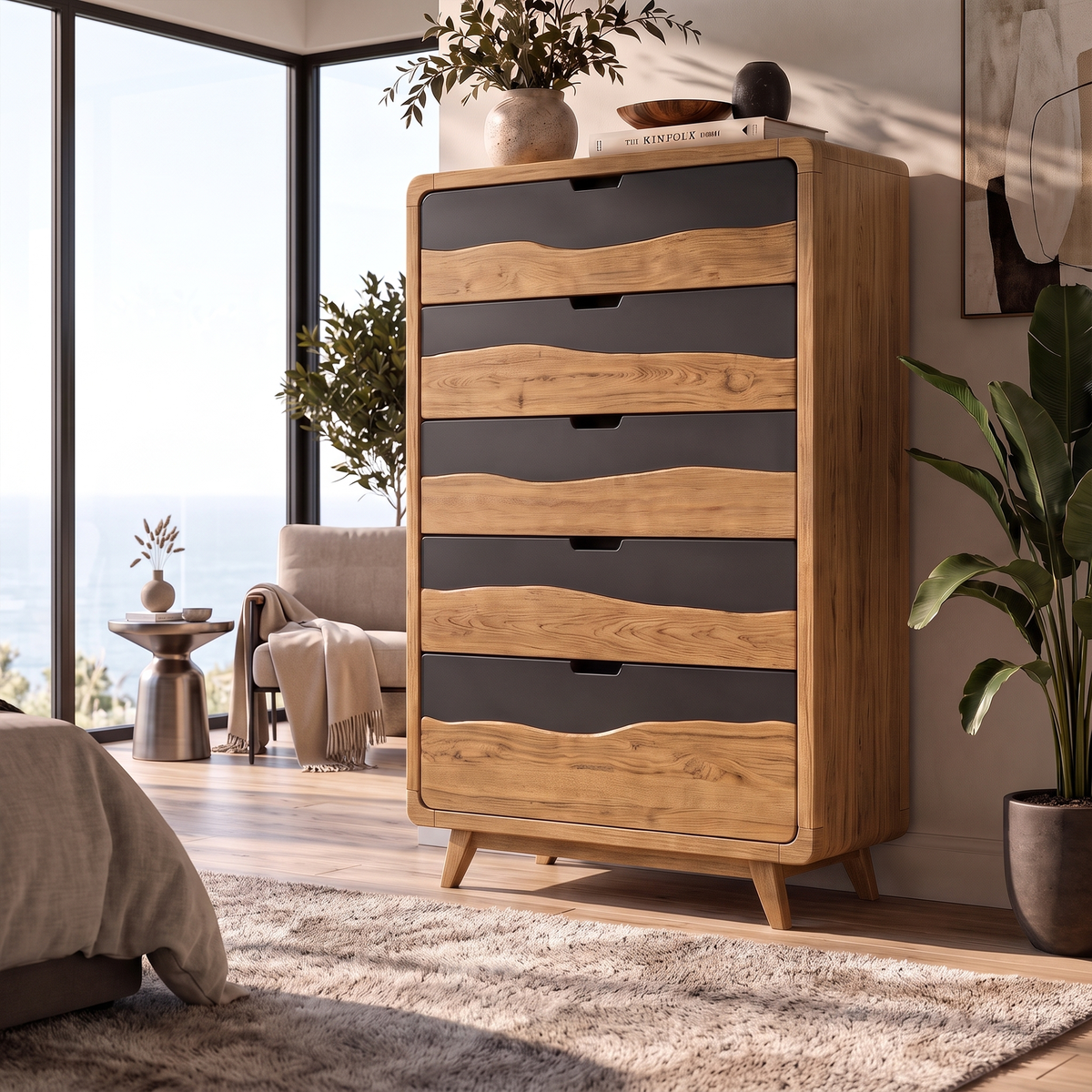 Rustic Tall Wooden 5 Drawer Dresser For Modern Farmhouse Bedroom