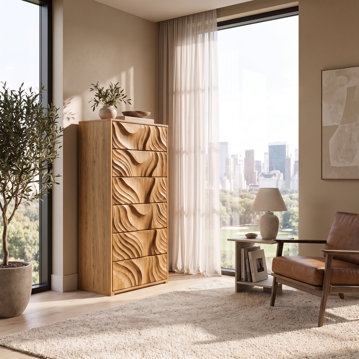OrganicTall Dresser With Ripple Carved Drawer Fronts For Bedroom