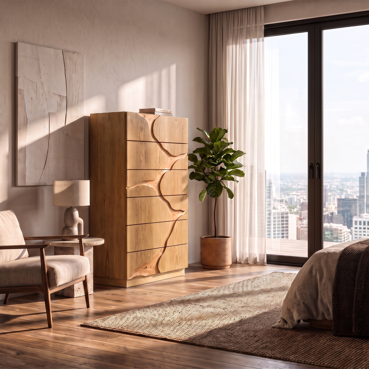 Contemporary Wooden Dresser With Two Tone Carved Panels For Bedroom