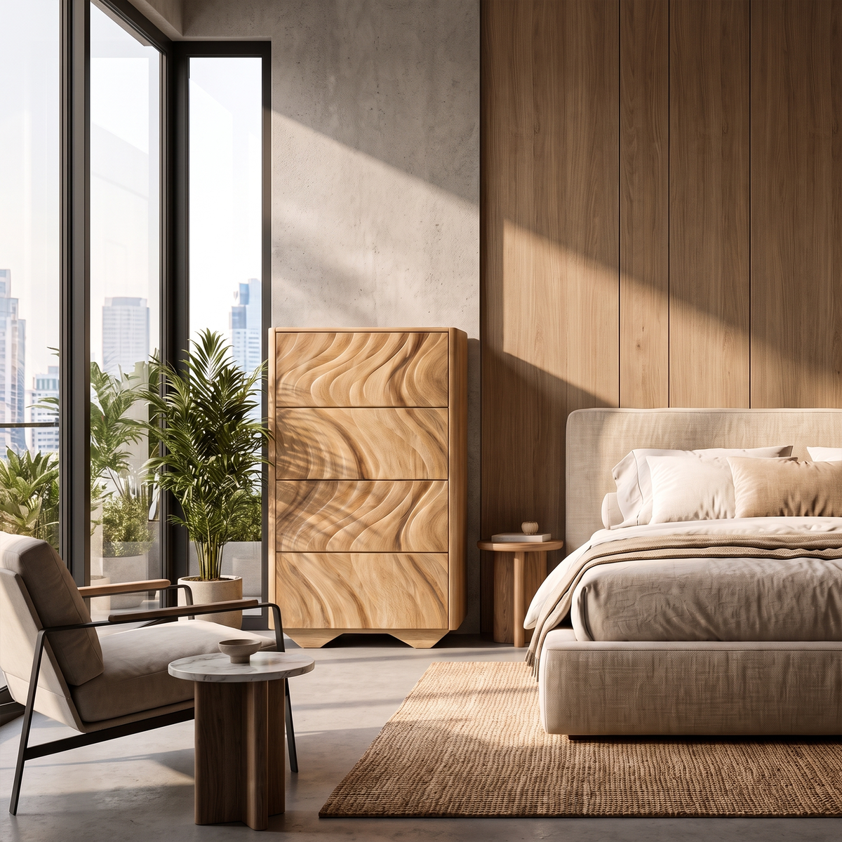 Modern Tall Dresser With Vertical Wave Carving For Bedroom