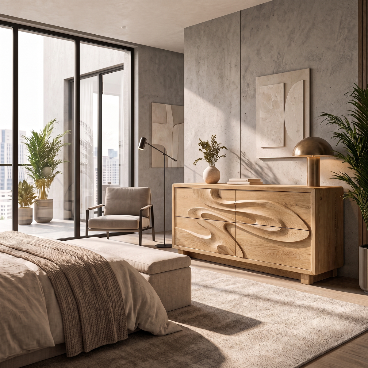 Organic Chest Dresser With Undulating Carved Front For Bedroom