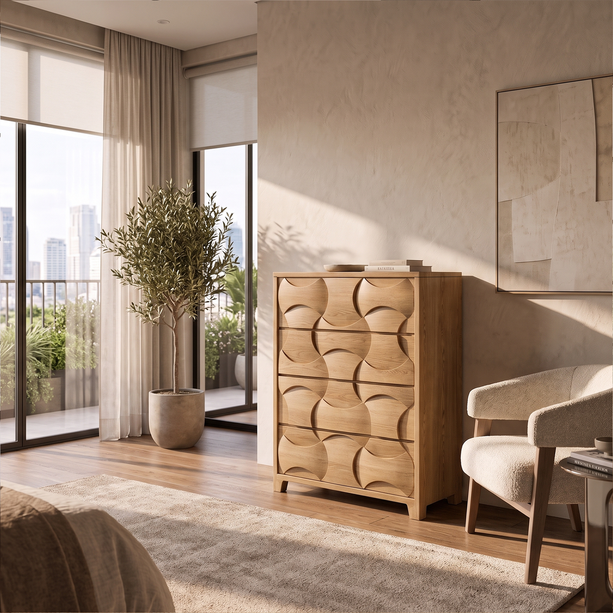 Rustic Wooden Dresser With Textured Wood Grain Front For Bedroom