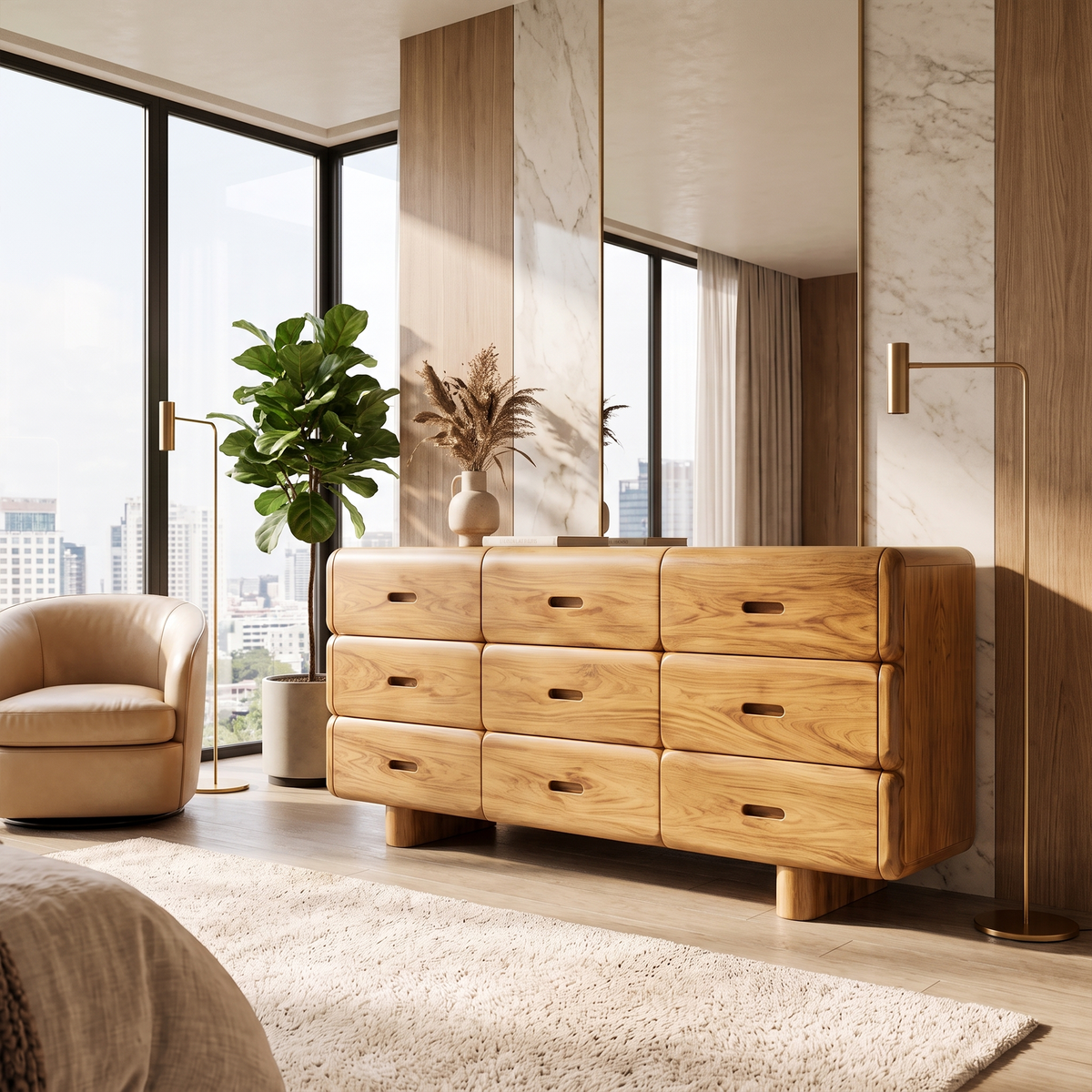 Rustic Solid Wood Dresser With Simple Low Frame For Bedroom