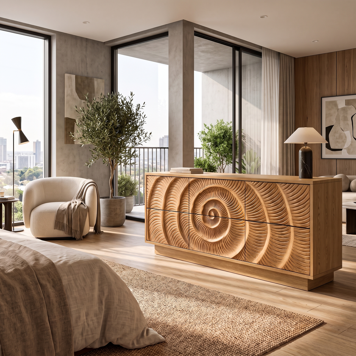 Contemporary Chest Dresser With Layered Circle Pattern For Bedroom