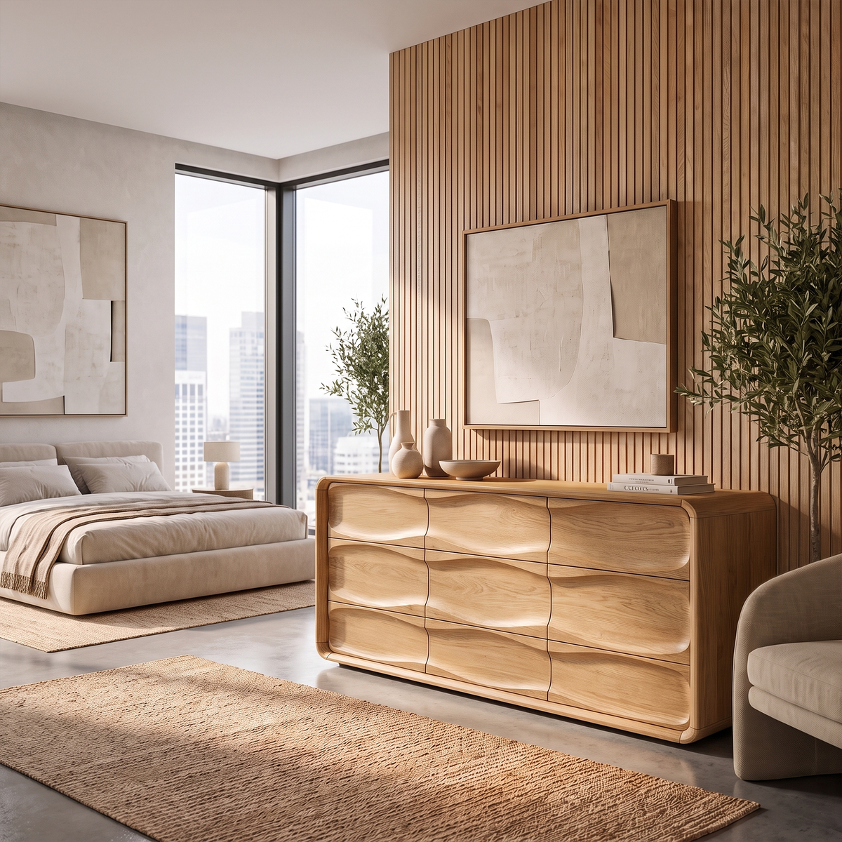 Contemporary Bedroom Dresser With Embossed Grain Front And Curved Corners