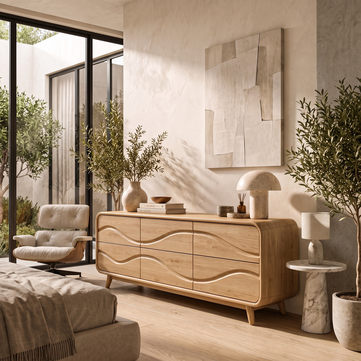 Contemporary Low Dresser With Embossed Grain Front And Curved Corners For Bedroom