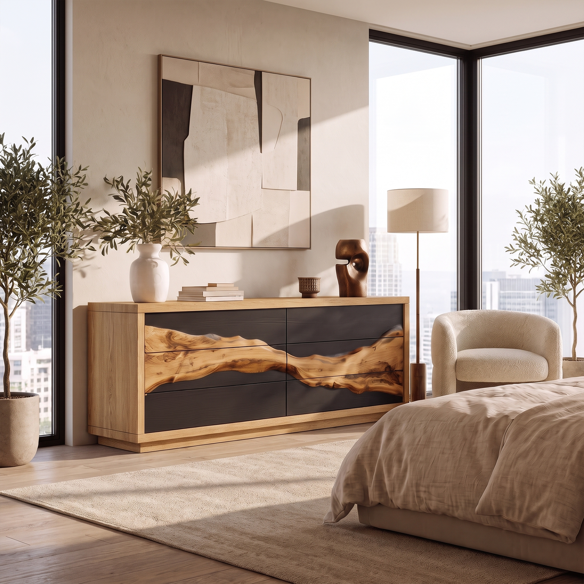 Modern Black Dresser With Contrasting Natural Wood Grain Front For Bedroom