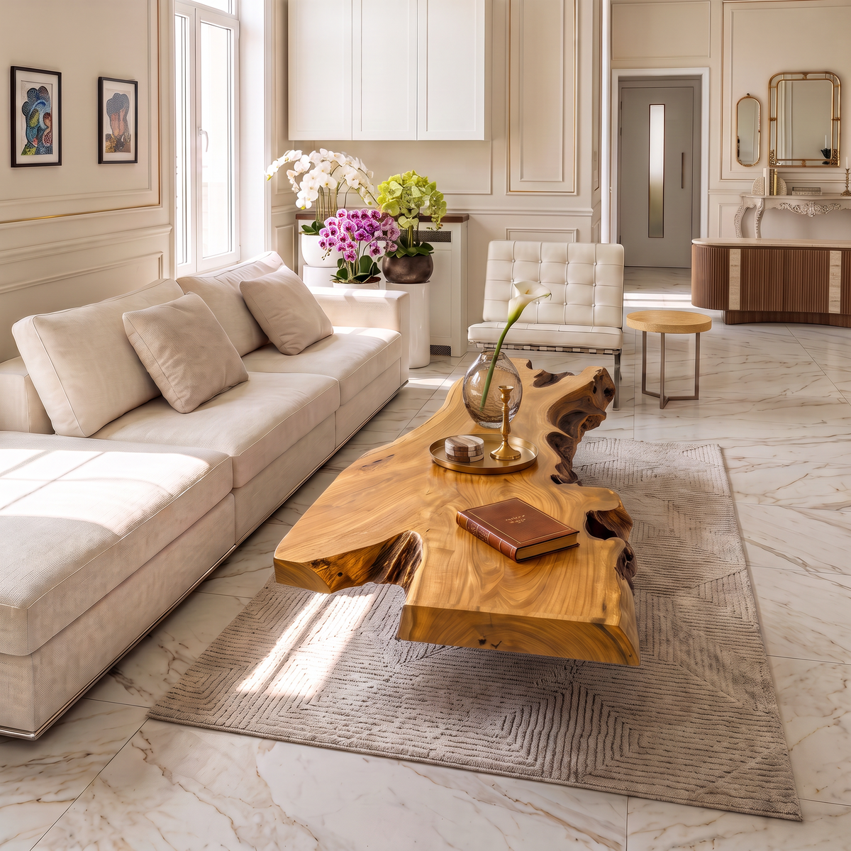 Organic Wooden Coffee Table With Raised Natural Grain For Living Room