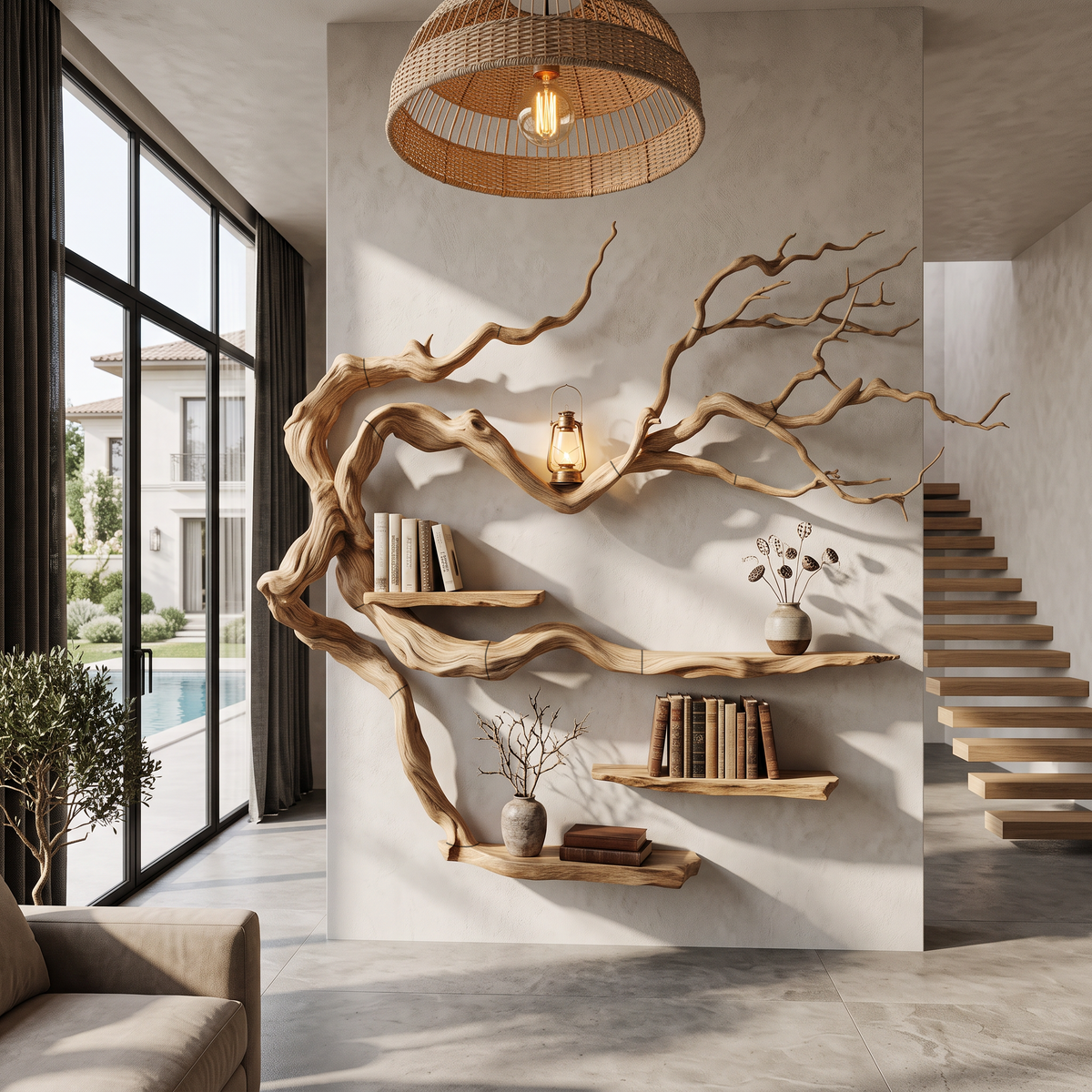 Rustic Tree Bookshelf With Natural Branch Form For Reading Room
