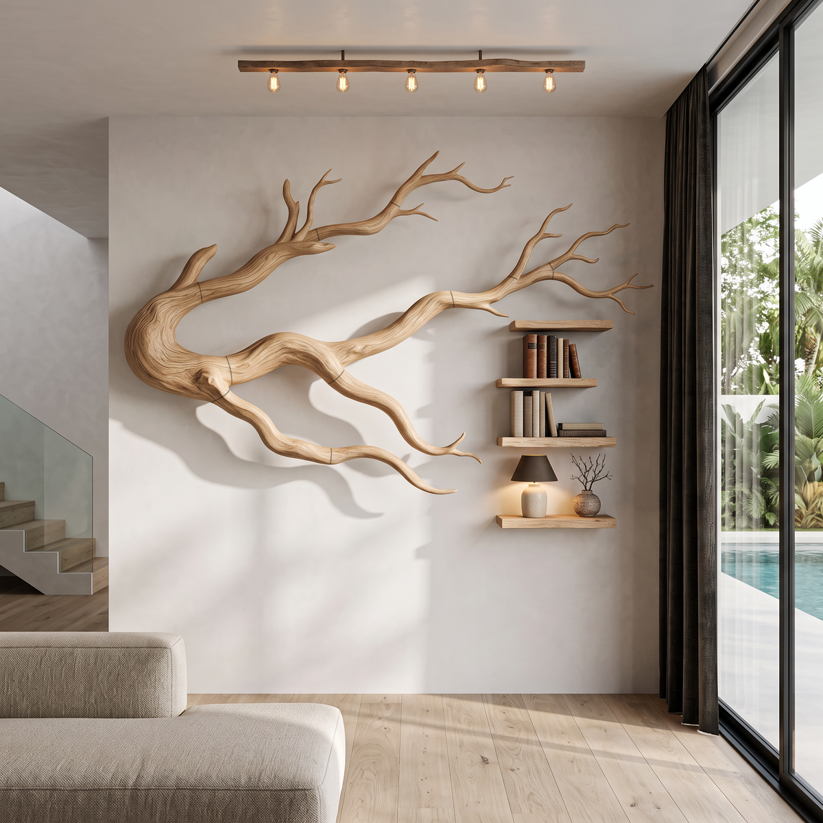 Organic Tree Bookcase With Flowing Wall Mounted Branches For Living Room
