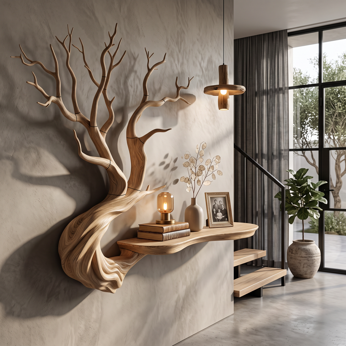 Rustic Tree Bookshelf With Wall Mounted Branch Shelves For Living Room