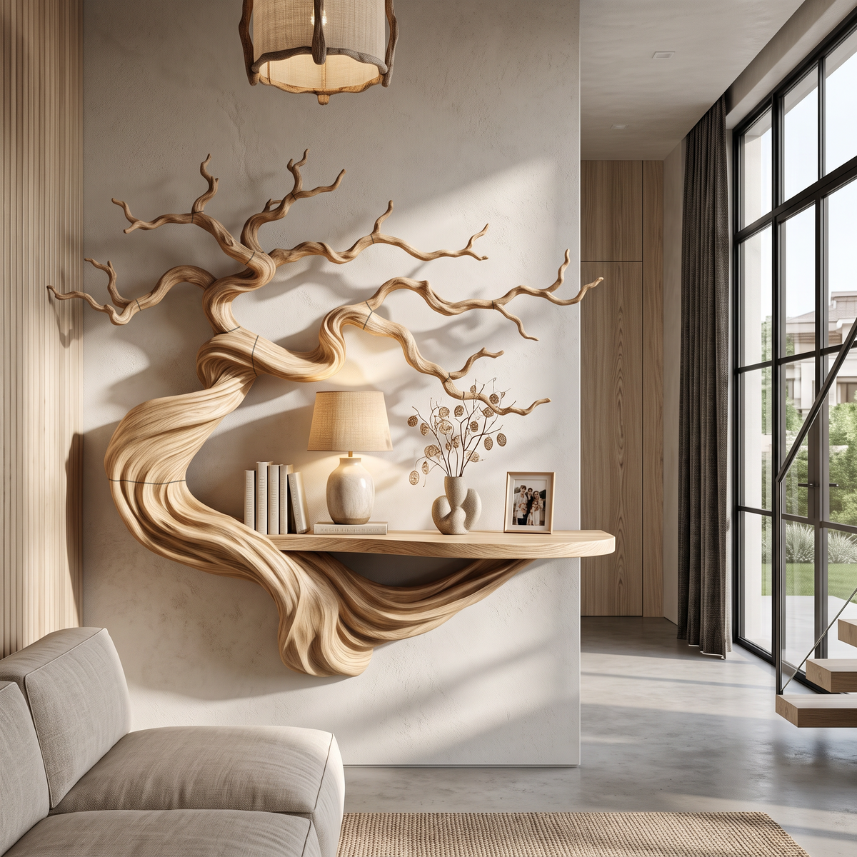 Rustic Wood Bookshelf With Sculptural Tree Branch Design For Reading Room