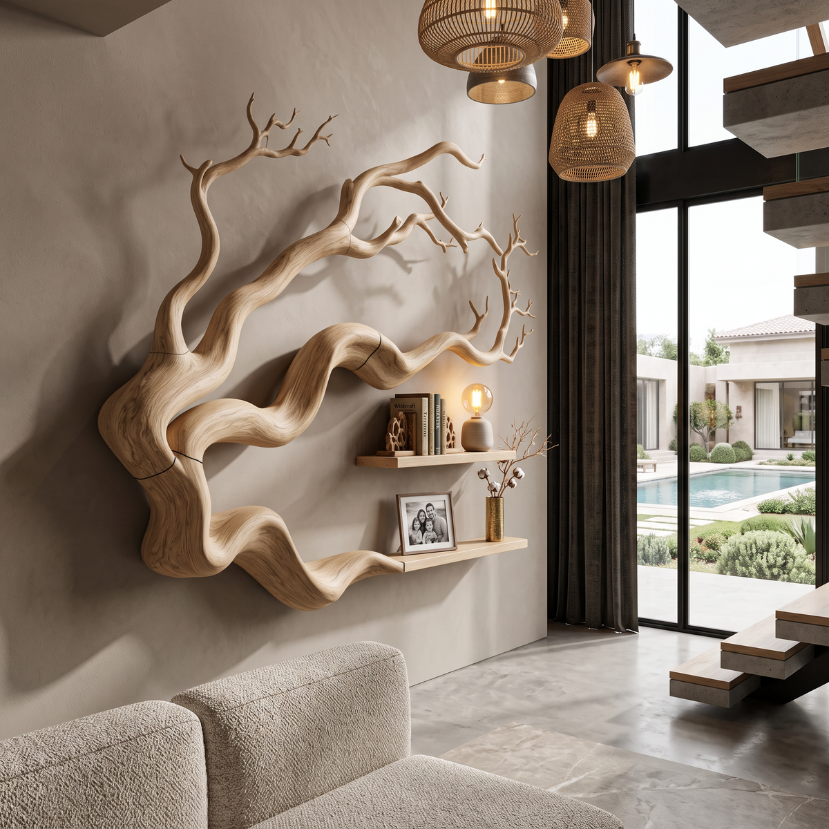 Modern Tree Bookshelf With Natural Branch Silhouette For Living Room