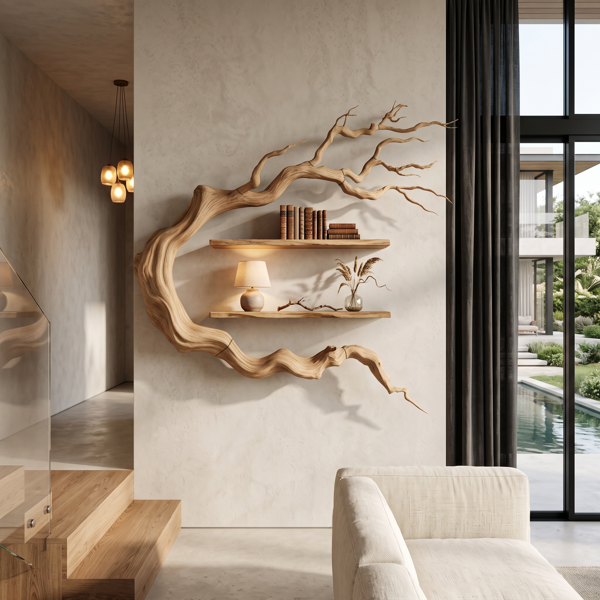 Modern Tree Bookshelf With Sculptural Wall Branch Design For Living Room