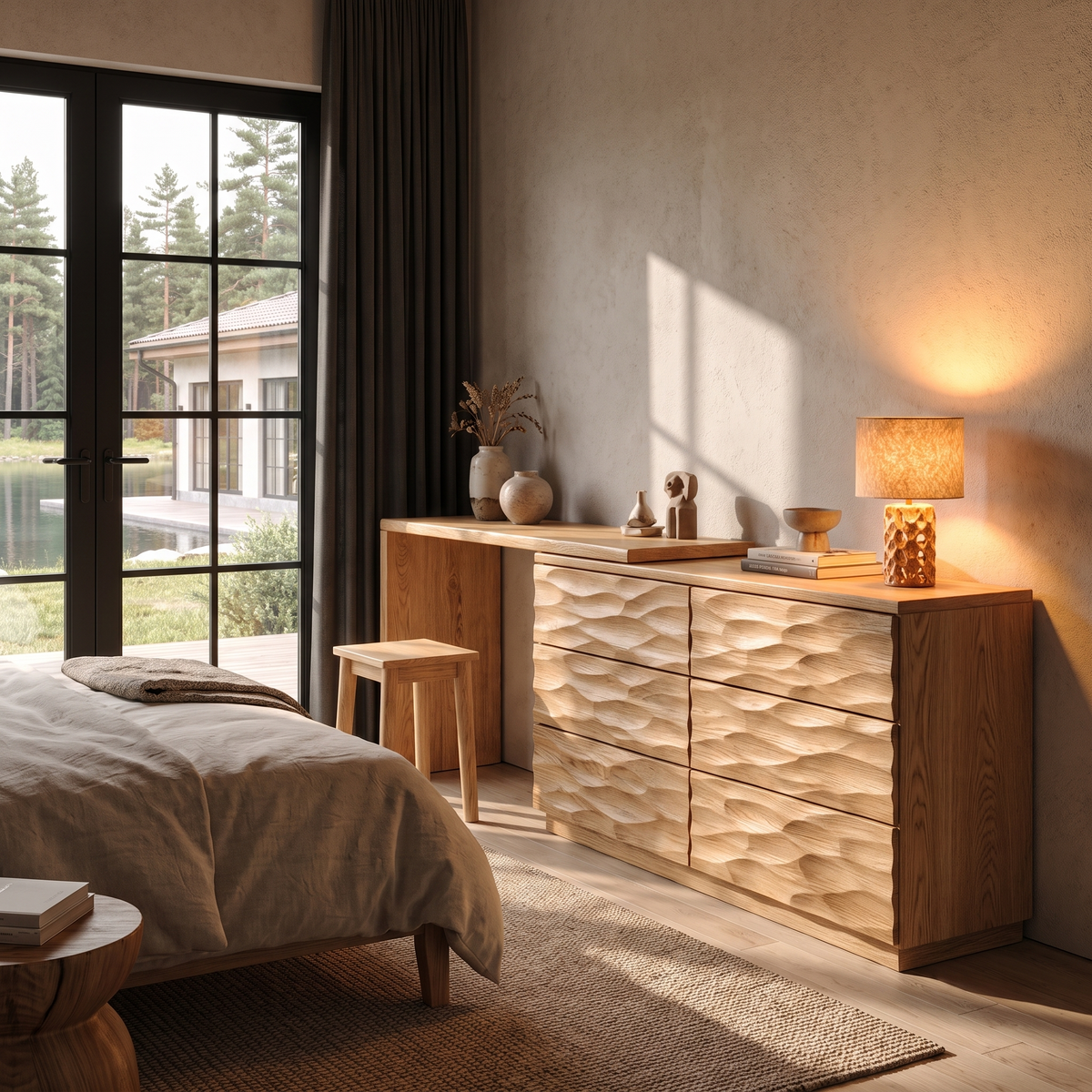 Scandinavian Wooden Dresser With L Shaped Desk Extension For Bedroom