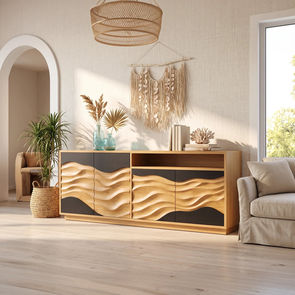 Modern Swirl Carved Sideboard Open Living Room