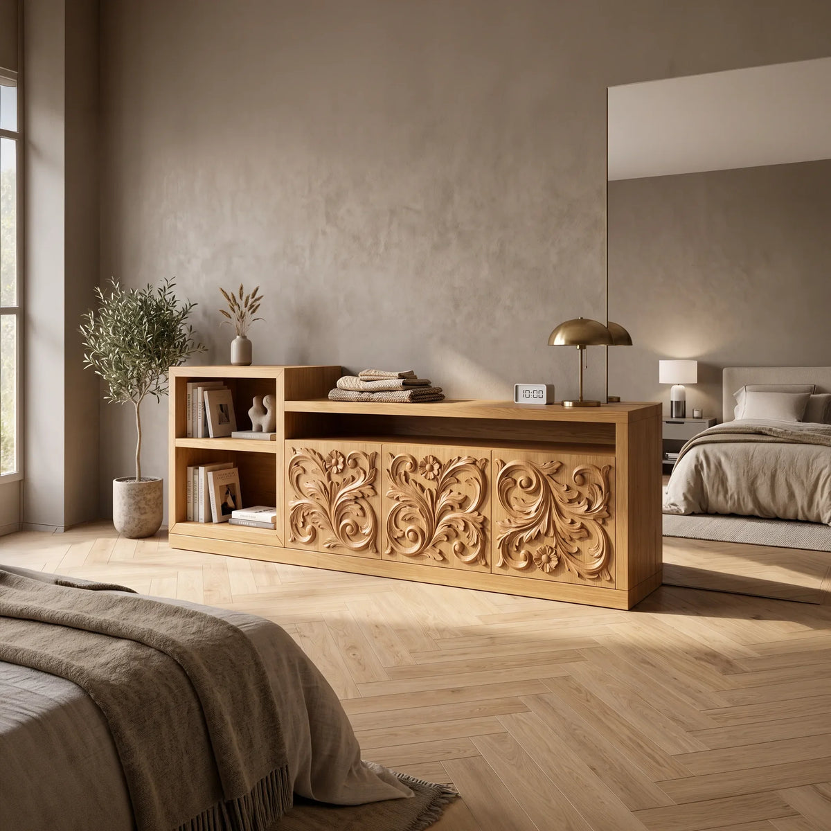 Organic Low Wave Carved Credenza Modern Living Room