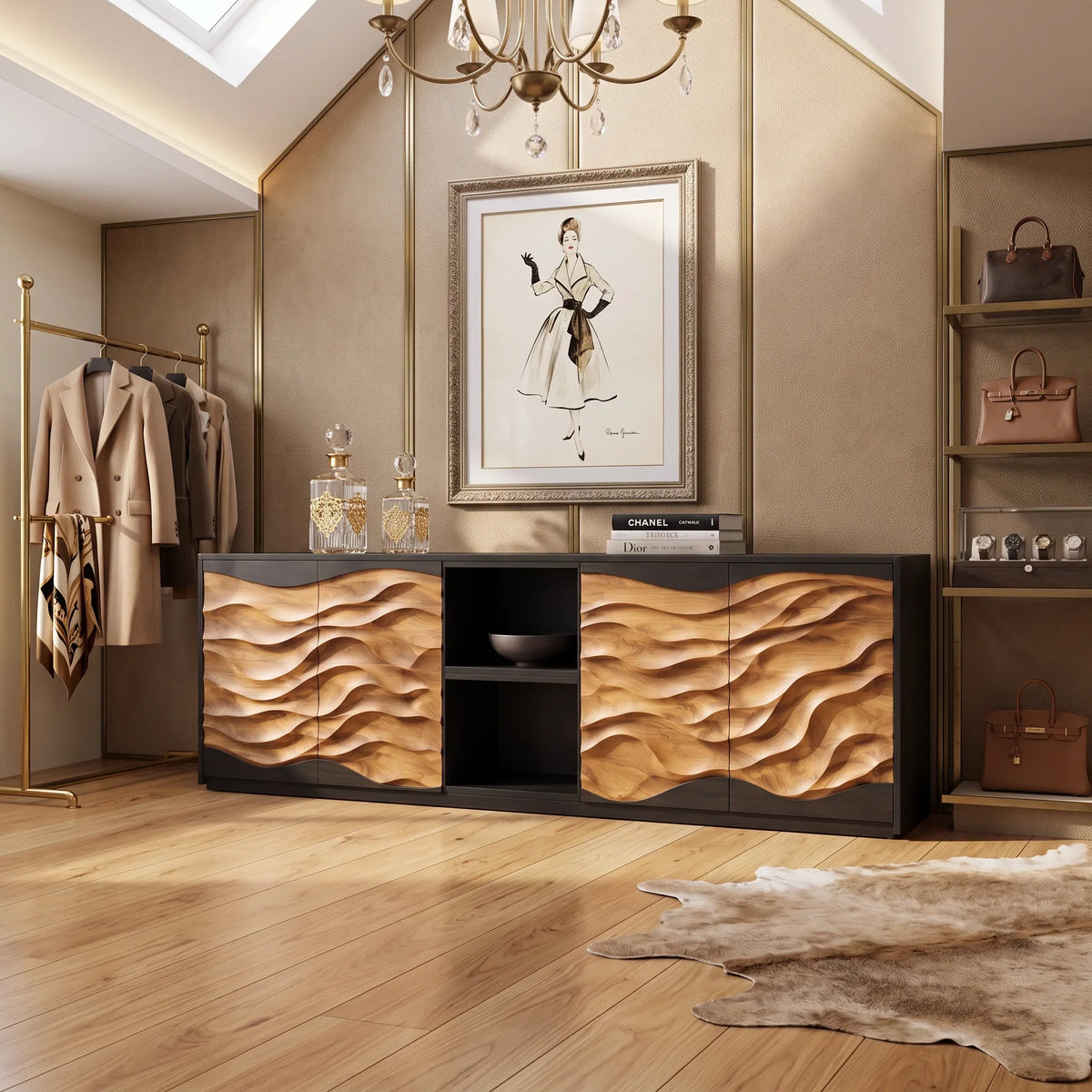 Modern Dune Carved Credenza Open Living Room