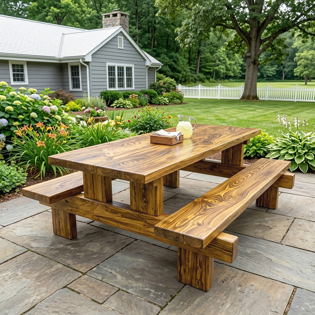 Minimalist Outdoor Picnic Table With Benches For Garden Or Cabin