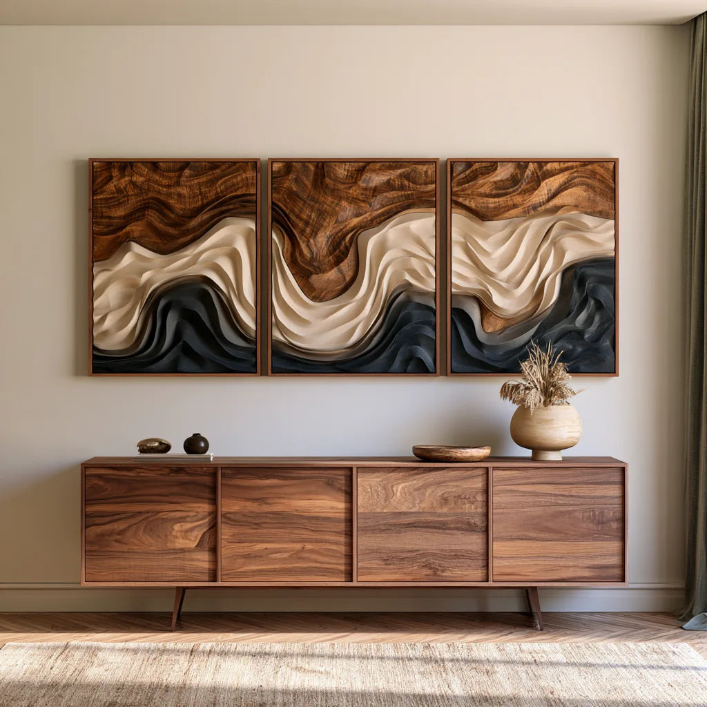 Rustic Layered Wave Triptych Wood Wall Art Spa