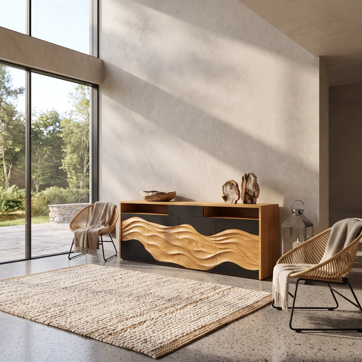 Handcrafted Wave Carved Buffet Modern Dining Room
