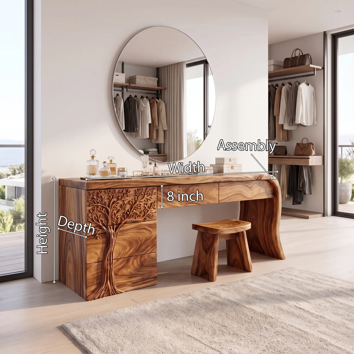 Peaceful Vanity Table Makeup Vanity Desk Tree Carved Drawers For Bedroom