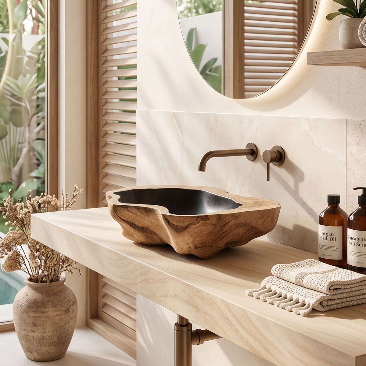 Handcrafted Mid Century Wood Wash Basin For Bathroom