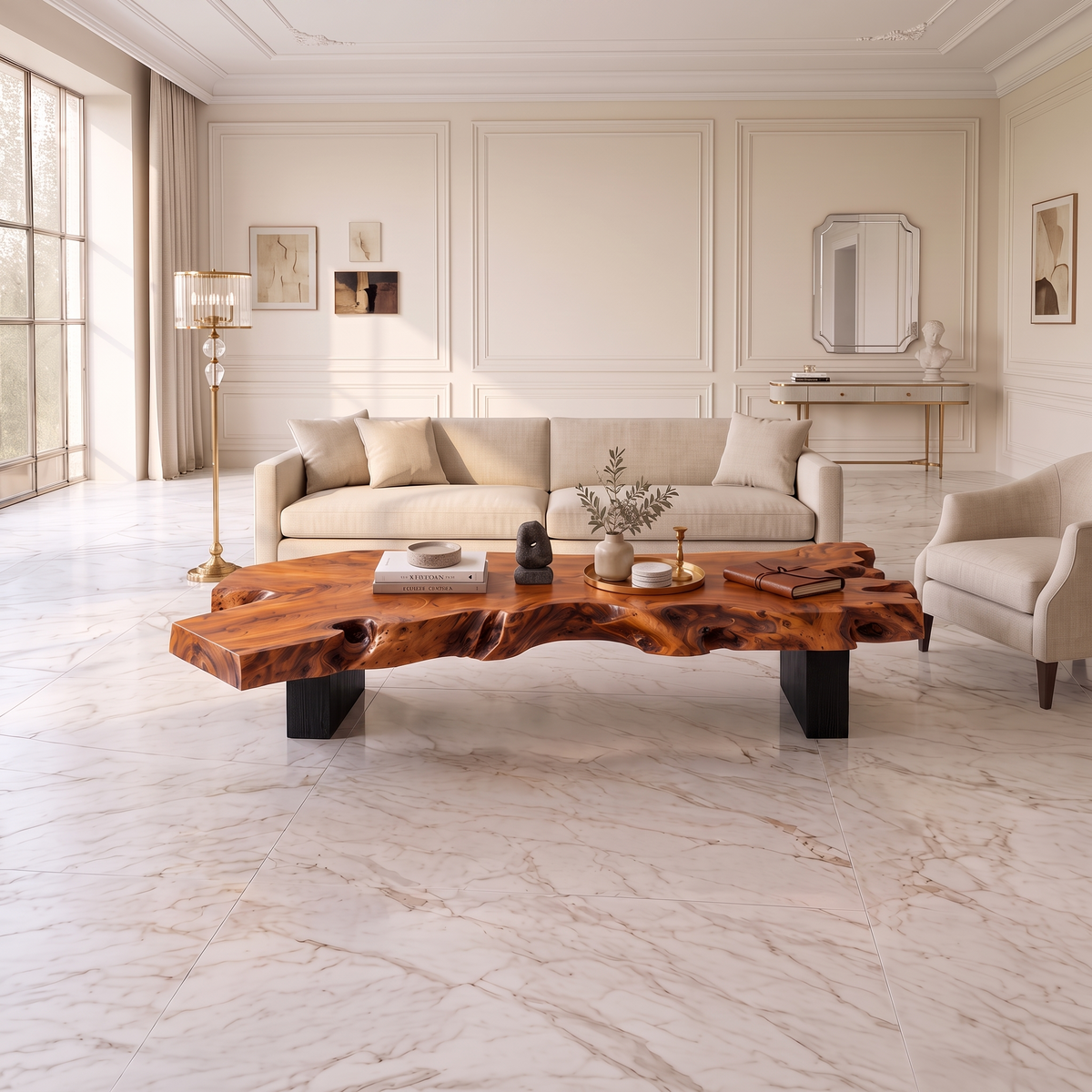 Organic Wooden Coffee Table With Raised Natural Grain For Living Room