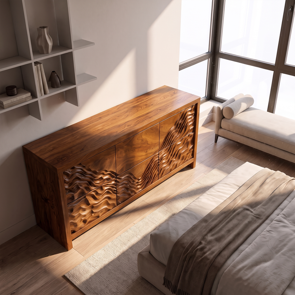Modern Wide Wooden 6 Drawer Dresser For Bedroom Storage