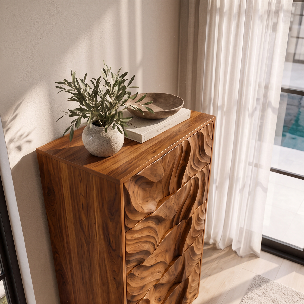 OrganicTall Dresser With Ripple Carved Drawer Fronts For Bedroom