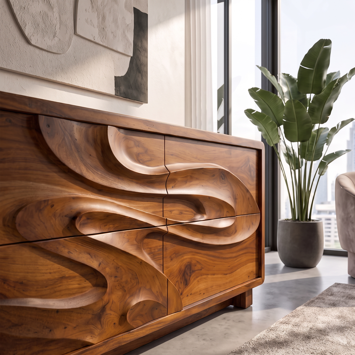 Organic Chest Dresser With Undulating Carved Front For Bedroom