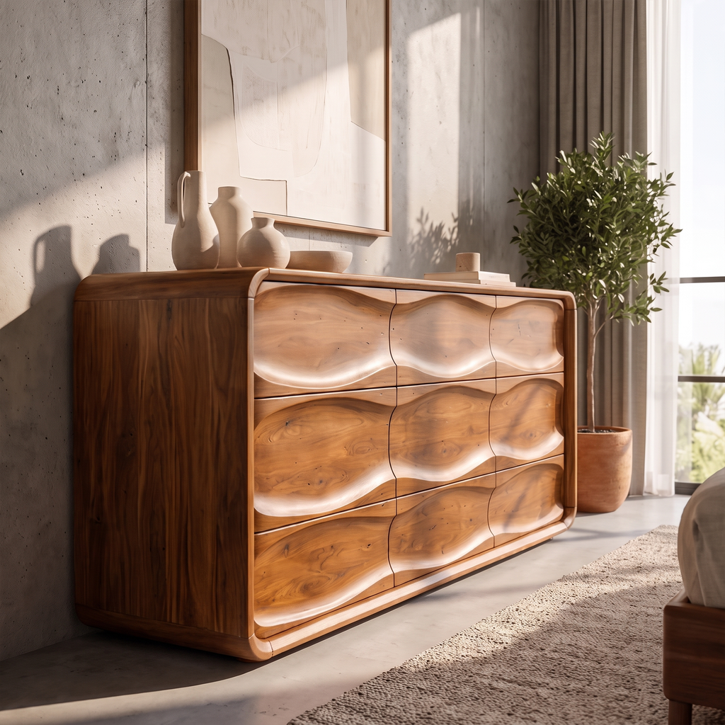 Contemporary Bedroom Dresser With Embossed Grain Front And Curved Corners