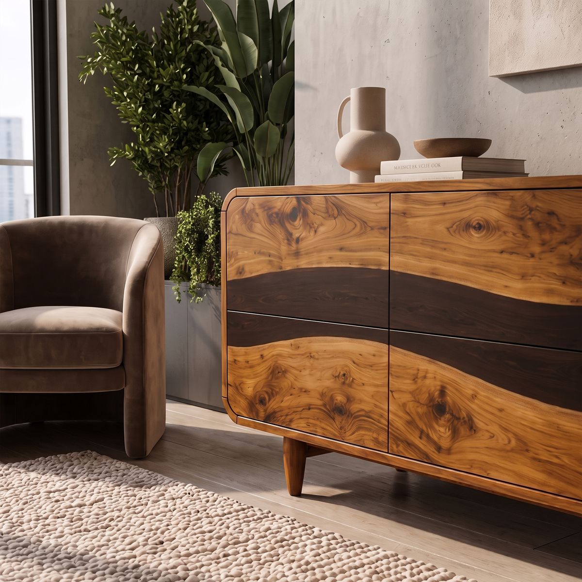 Mid Century Black Dresser With Alternating Wood Grain Panels For Bedroom