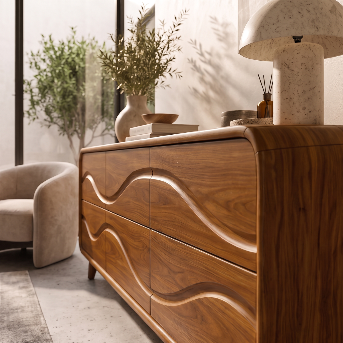 Contemporary Low Dresser With Embossed Grain Front And Curved Corners For Bedroom