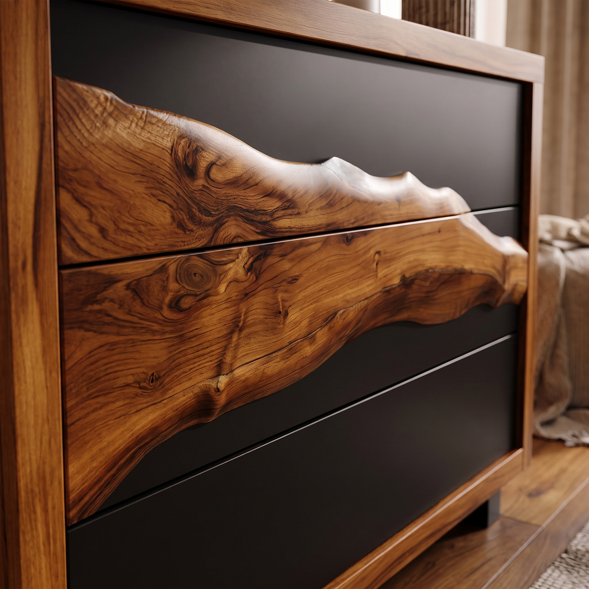 Modern Black Dresser With Contrasting Natural Wood Grain Front For Bedroom