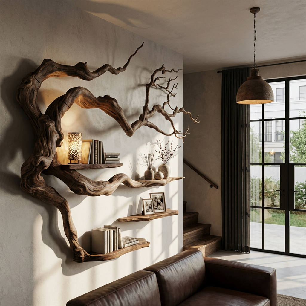 Rustic Tree Bookshelf With Natural Branch Form For Reading Room